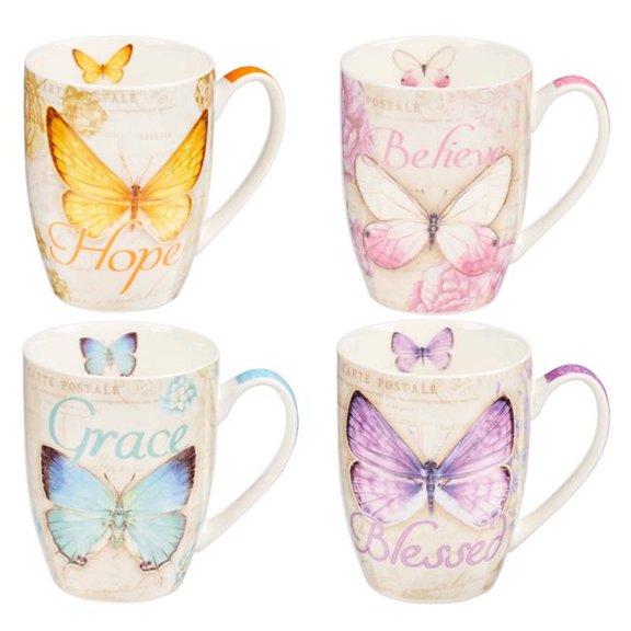 Ceramic Coffee Mug Set, Butterflies - Set of 4