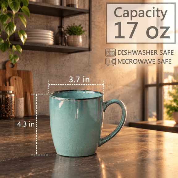 Ceramic Coffee Mug Set Of 4 17 Oz Cups With Big Handlewave Safe Reactive Glaze (lake Green 17 Oz)
