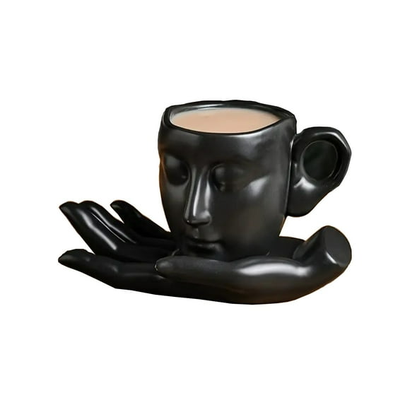 Ceramic Coffee Mug Set with Plates and Spoon, Unique Sculptural Design, Elegant Matte Glaze, Perfect for Coffee or Tea Lovers, Ideal Gift for Art Enthusiasts