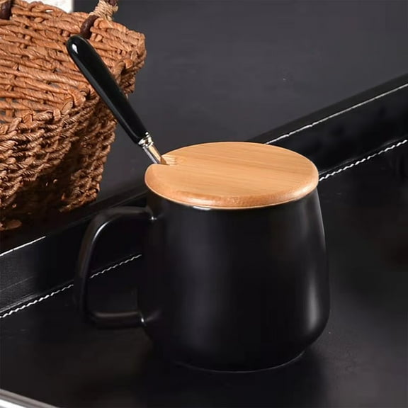 Ceramic Coffee Mug Set for Couples with Lid and Spoon, Big Belly Cup, Black and White, Modern Concise Design, 12.4oz, Stackable, Dishwasher, 1-Piece