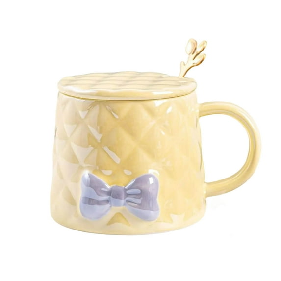 Ceramic Coffee Mug Set with Lid and Spoon - Elegant Bow Design for Home Brewing and Gift Giving