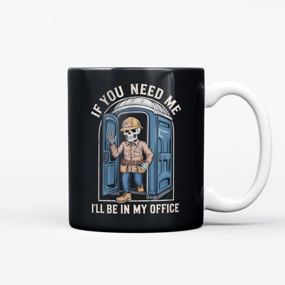 Ceramic Coffee Mug, Skeleton Worker Waving with Office Porta Potty Text, Funny Cartoon Vector Art Tea Cup