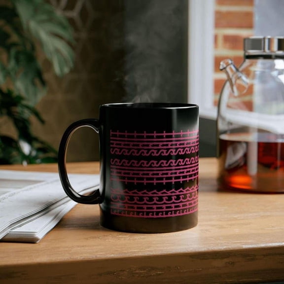 Ceramic Coffee Mug, Tea Mug with Infuser, Green Coffee Mug (Paired with Pink Contrasting Design), Grandma Coffee Mug, Coffee Mug to Go, Smooth Black Ceramic Body with Ornate Pink