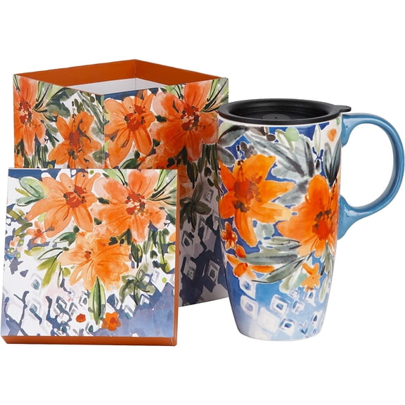 Ceramic Coffee Mug Travel Cup Gift with Lid 17oz., Porcelain Tall Tea Cup with Handle for Home & Office, Orange Flower Art Pattern Mug in Gift Box, 6.5" H