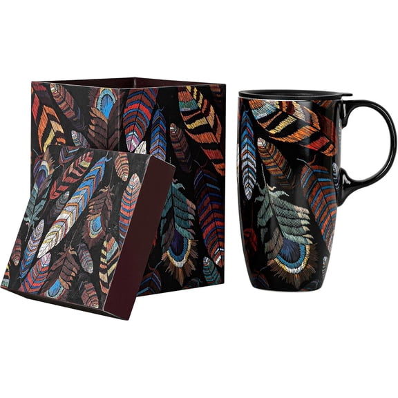 Ceramic Coffee Mug Travel Cup with Lid 17oz, Porcelain Tall Cup with Handle for & Office, Feathers Art Mug in Box, 6.5" H