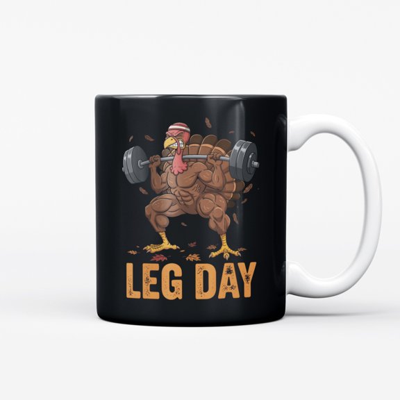 Ceramic Coffee Mug, Turkey Lifting Barbell Overhead with Leg Day Text, Funny Cartoon Vector Illustration Art Tea Cup