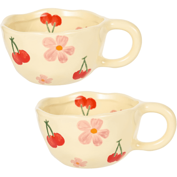 Ceramic Coffee Mug Vintage Flower Mugs 8 oz Cute Floral Coffee Mugs Irregular Latte Art Cup Lead-free Porcelain Cups for Cappuccino, Cocoa (2 Pcs Pink Cherry)