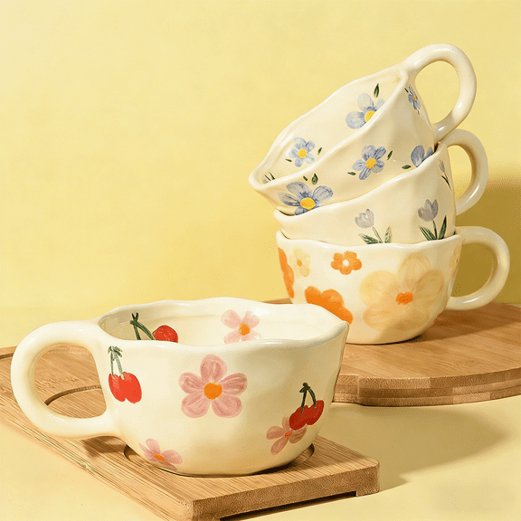 Ceramic Coffee Mug Vintage Flower Mugs 8 oz Cute Floral Coffee Mugs Irregular Latte Art Cup Lead-free Porcelain Cups for Cappuccino, Cocoa (4 Pack)