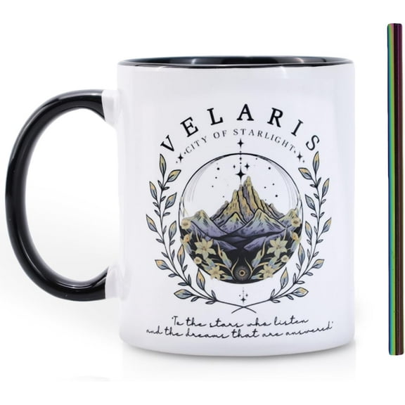 Ceramic Coffee Mug, White with Mountain Design, 11 Ounces, Double-sided Print, Large Handle, Modern Style, Dishwasher Safe, Gift for Hot Beverages