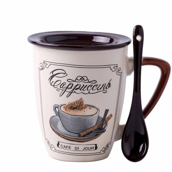 Ceramic Coffee Mug With Lid And Spoon Classic Cappuccino Print Large Capacity Cup For Hot Beverages Tea Milk Office Home Use