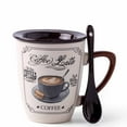 thumbnail image 1 of Ceramic Coffee Mug With Lid And Spoon Classic Cappuccino Print Large Capacity Cup For Hot Beverages Tea Milk Office Home Use, 1 of 2