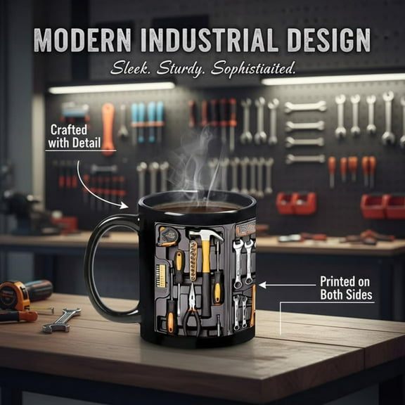 Ceramic Coffee Mug, detailed Mechanic tool Box Print, Robust Ceramic Build with Ergonomic Handle, Perfect for Hot Beverage Lovers and Adding industrial decor Charm to Garage Work