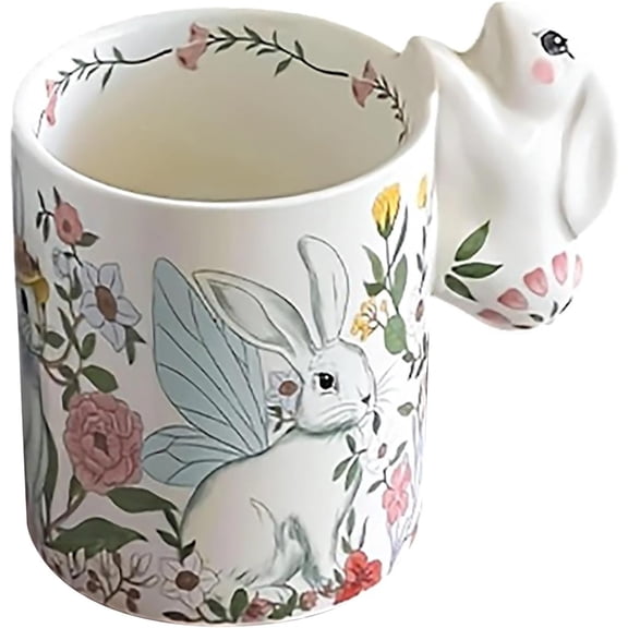 Ceramic Coffee Mug with 3D Rabbit Handle, Floral Tea Cup for Latte Cappuccino, Cute Easter Birthday Gift for Women (White)DSF