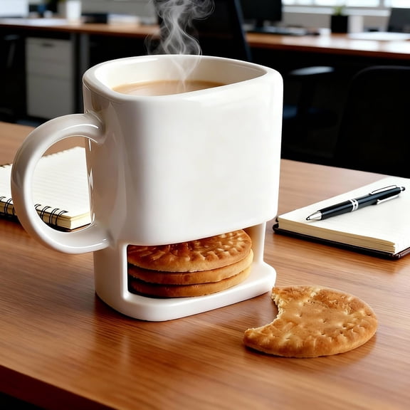 Ceramic Coffee Mug with Cookie Holder, Microwave Office Tea Cup for Dunking, Gift for Coffee Lovers and Corporate Events