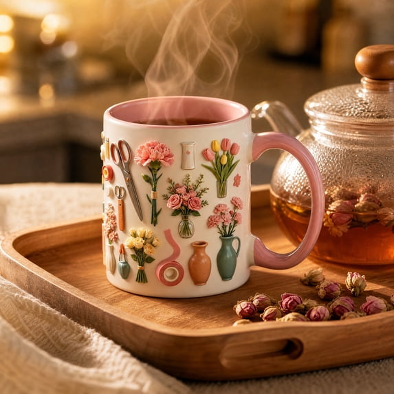 Ceramic Coffee Mug with Daily Life Print, Pink Interior Holiday Drinking Cup, Everyday Stoneware for Coffee, Tea & Hot Beverages, Microwave Safe, B