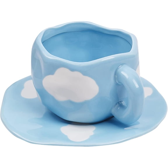 Ceramic Coffee Mug with Saucer Set, Cute Cloud and Cup for Office Home, Blue Sky White Clouds Cups, 10 oz/300 ml Latte Tea Milk