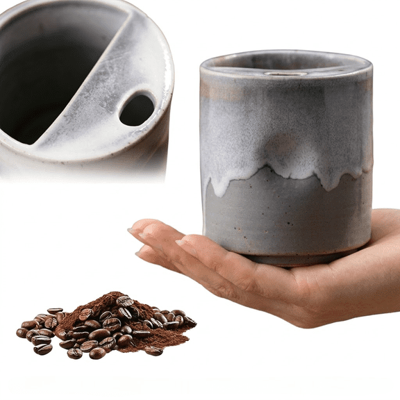 Ceramic Coffee Mug with Sip Hole, 18oz No Handle Vintage Kiln Porcelain Cup for Travel, Home, and Office, Grey1pcs,C
