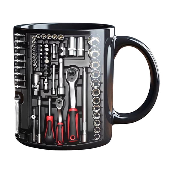 Ceramic Coffee Mug with Tool Box Print for Men Mechanic Themed Cup with Handle for Office Home Workshop Gift Idea Durable Construction