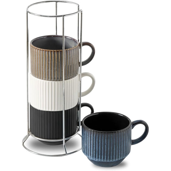Ceramic Coffee Mugs with Stand,15 Ounce Stackable Coffee Cups Set of 4 for Latte,Cappuccino,Mocha,Cocoa,Ribbed Vintage Coffee Cups for Men Women,Dishwasher & Microwave Safe,Striped Multicolor