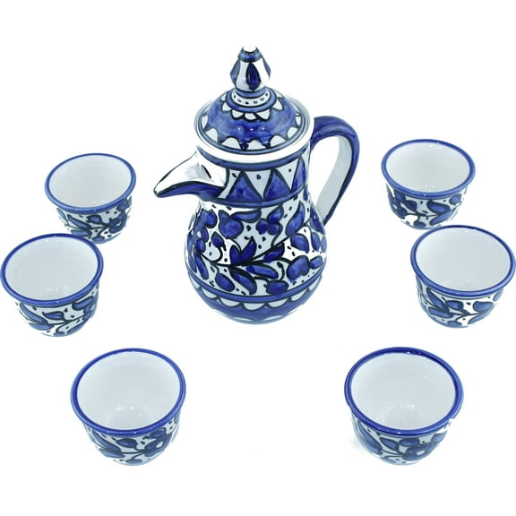 Ceramic Coffee Set - Blue Flower design (8.7 Pot & 1.6 Inch each Cup or 22 & 4.05 cm) - Asfour Outlet Trademark