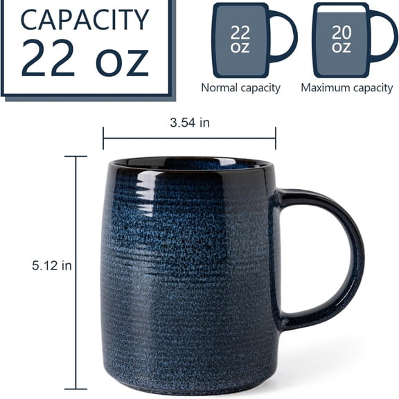 "Ceramic Coffee mugs, 22 oz, Extra Large Mugs, Big Tea Cups, Large Handle, Pottery Mugs, Big BellyWide Bottom, stripe pattern. (Blue) "