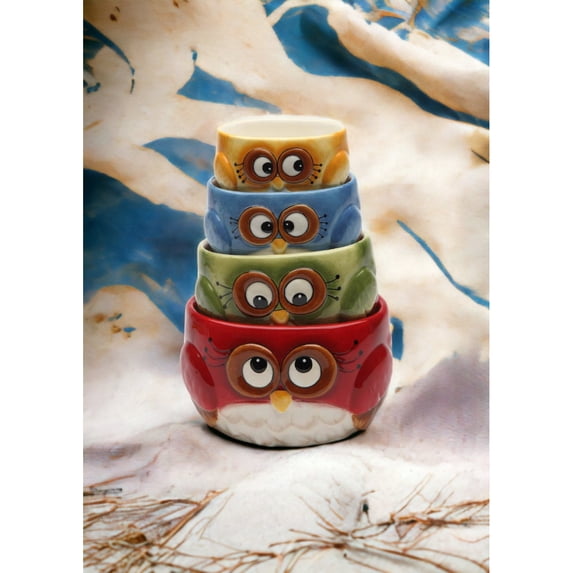 Ceramic Colorful Owl Measuring Cups Set 4 Pcs Hand Painted Gift
