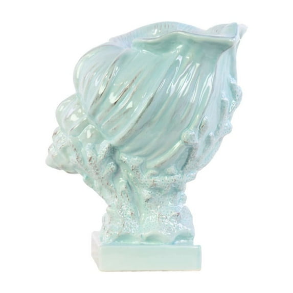 Ceramic Conch Seashell Sculpture on Coral Pedestal - Blue - Benzara