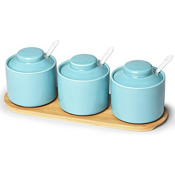 Ceramic Condiment Jar with Tray,Condiment Pot Spoon and Lid,Seasoning Box,Sugar Bowl Set of 3, 8oz Turquoise
