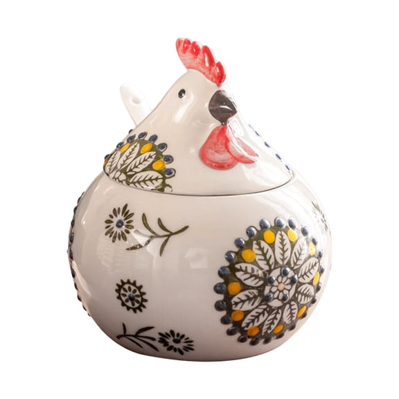 Ceramic Condiment Pot with Lid and Spoon - Cute Rooster Spice Jar for Kitchen Storage - Airtight Moisture-Proof Seasoning Container