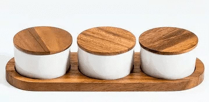 White Ceramic Condiment Set with Acacia Wood Base and Lids