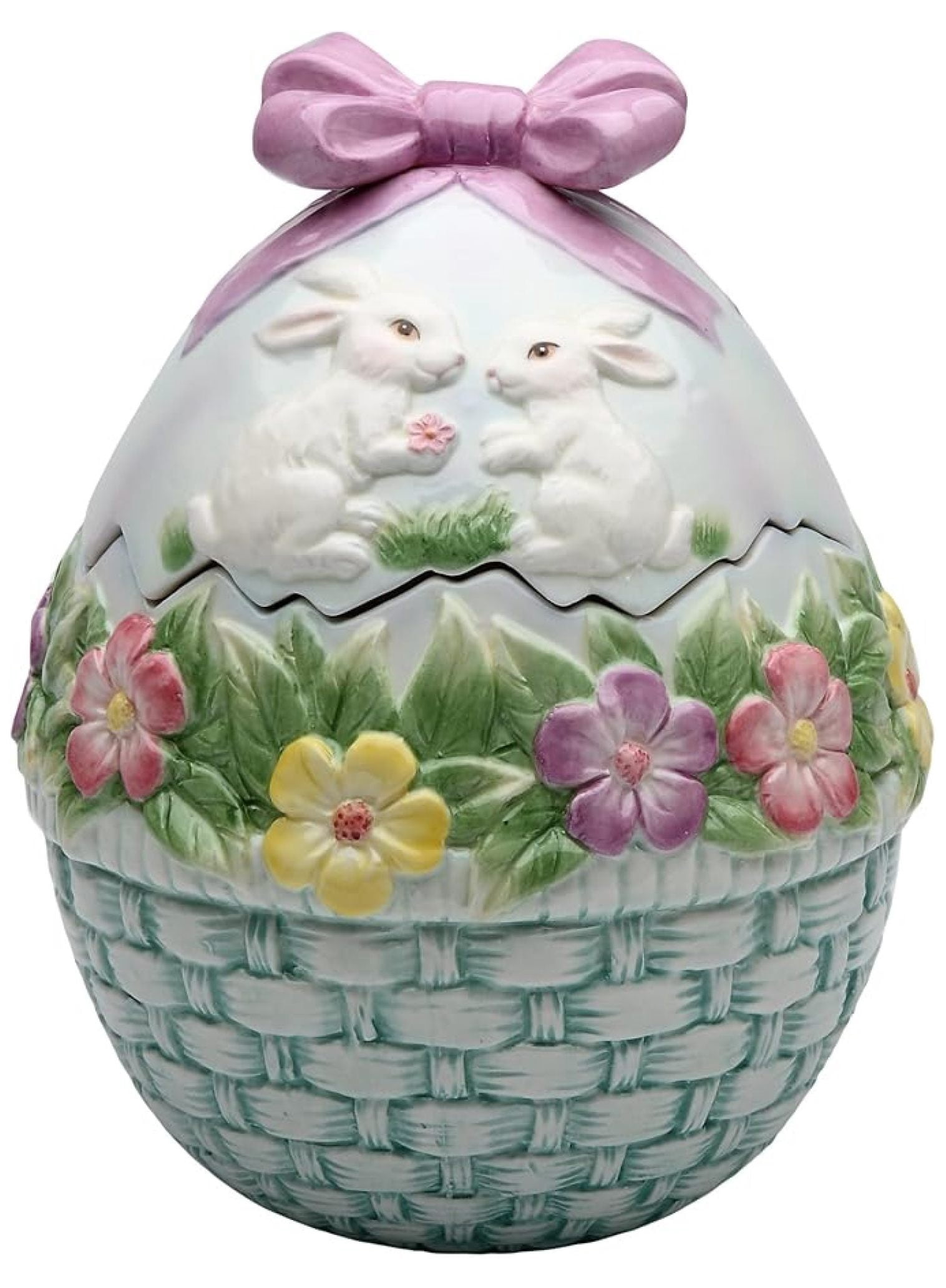 Ceramic Cookie Jar Egg Shaped 7.38", Floral Rabbit Design - Kitchen Food Storage Container, Decorative Biscuit Jar for Countertop, Treats & Snacks
