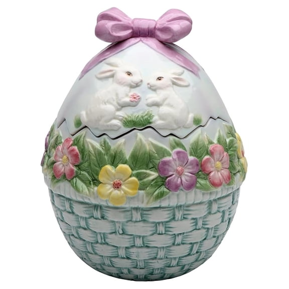 Ceramic Cookie Jar Egg Shaped 7.38", Floral Rabbit Design - Kitchen Food Storage Container, Decorative Biscuit Jar for Countertop, Treats & Snacks
