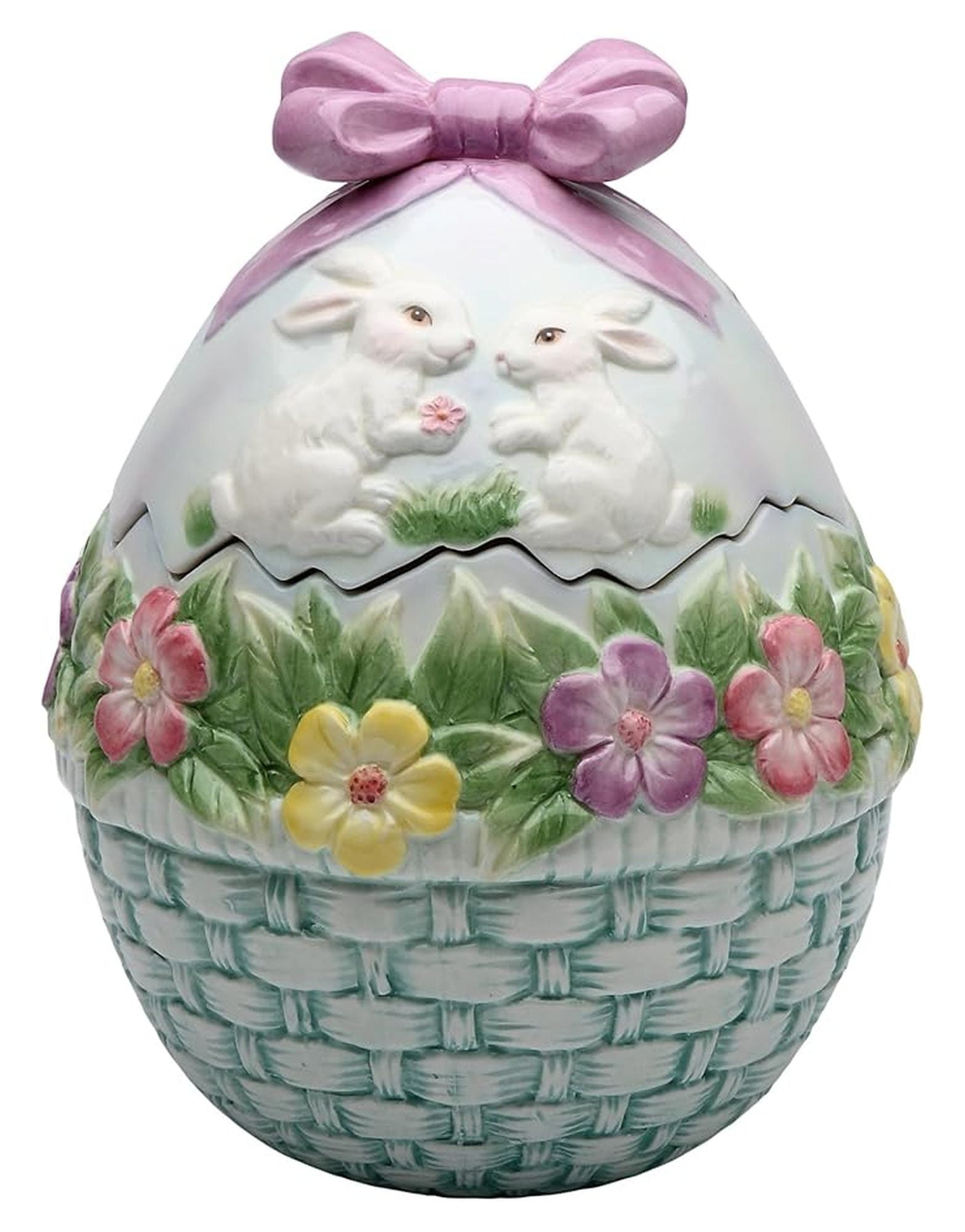 Ceramic Cookie Jar Egg Shaped - 7.38" Floral Rabbit Treat Jar - Decorative Kitchen Canister - Farmhouse Style Biscuit Container - Gift for Bakers