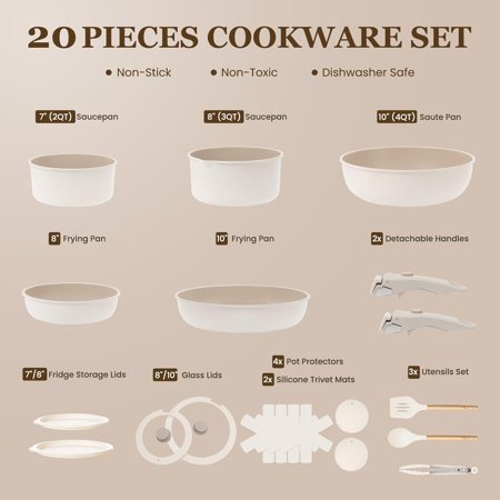 Ceramic Cookware Set, 20 Pack Nonstick Pots and Pans with Detachable Handles, Healthy Frying Pans, Induction Dishwasher Oven Safe Kitchen Set