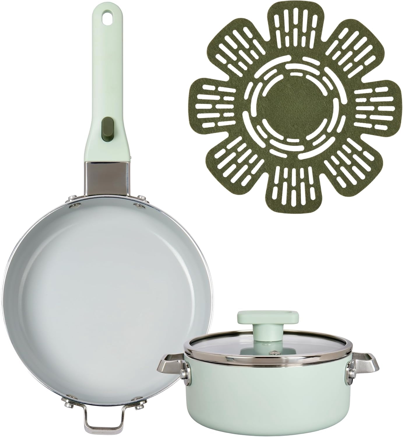 Ceramic Cookware Set 5-Piece with Removable Handle, Induction Compatible, Nonstick and Oven Safe with 8-Inch Frypan, Sage Green