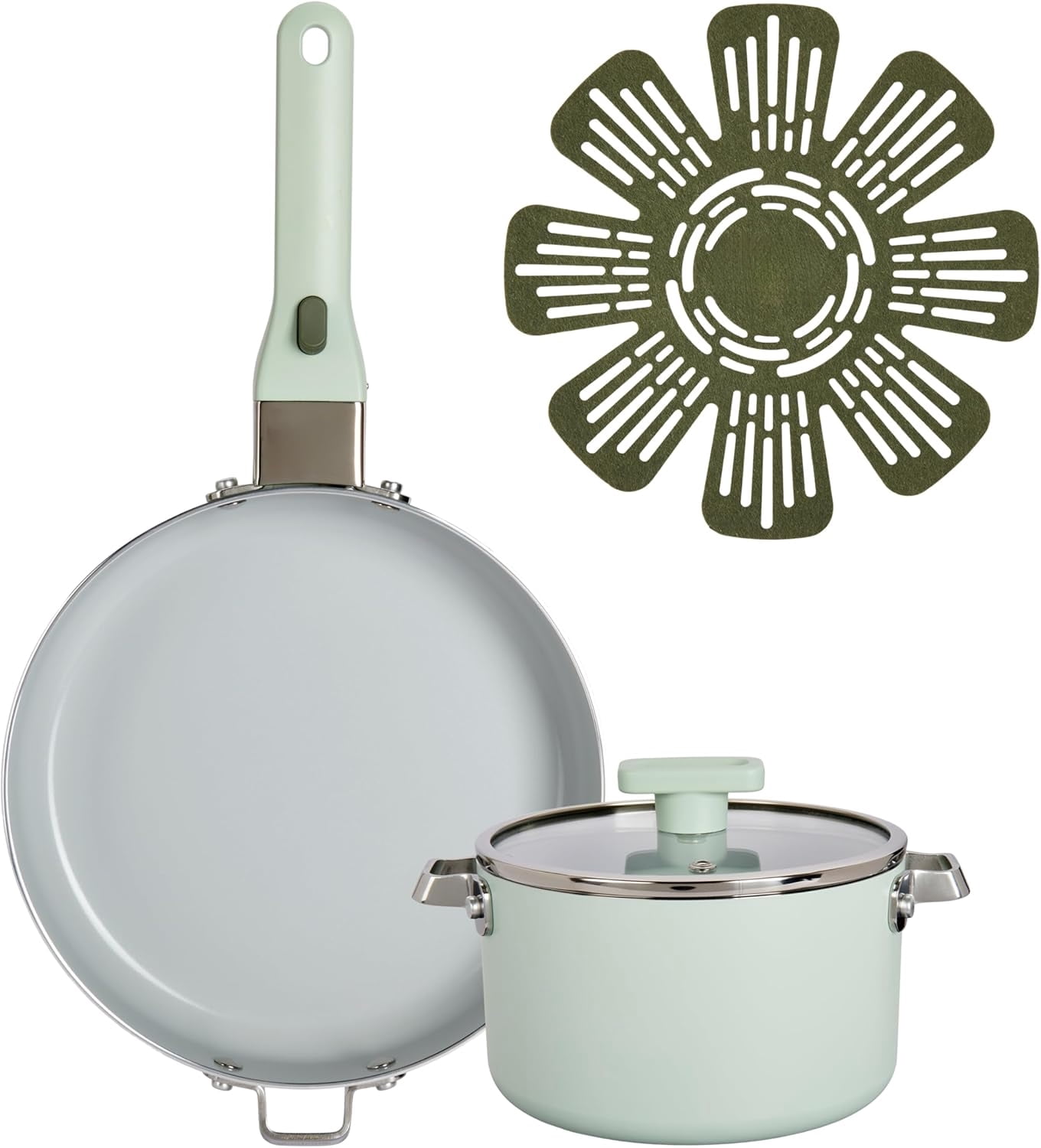 Ceramic Cookware Set 5-Piece with Removable Handle, Induction Compatible, Nonstick and Oven Safe with 9.5-Inch Frypan, Sage Green