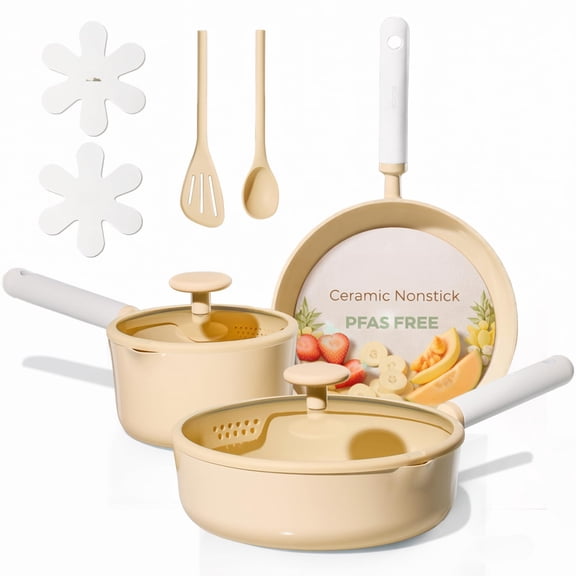 Ceramic Cookware Set Nonstick 9pcs Pots And Pans Non Stick & Pfas-free Dishwasher Rv/camping Sauce Pan With Lid Yellow