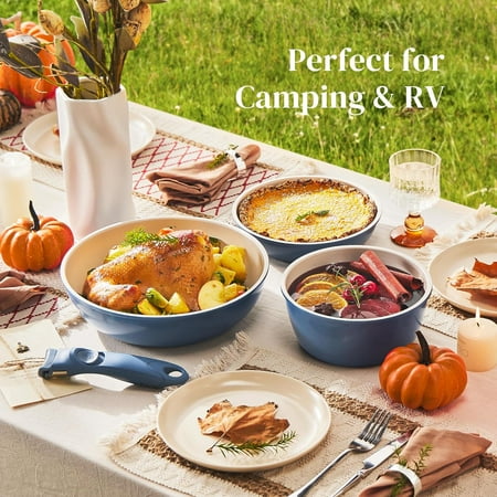 Ceramic Cookware Set with Removable Handles, Non-Stick Pots and Pans for RV Camping, Blue