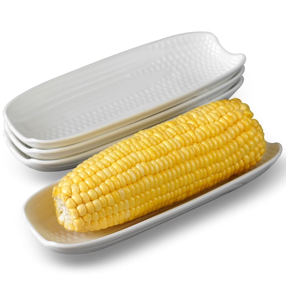 Ceramic Corn Cob Holders 8.8" Corn Dishes Set of 4, White Dishes Non-slip Bottom Microwave Dishwasher Oven Safe