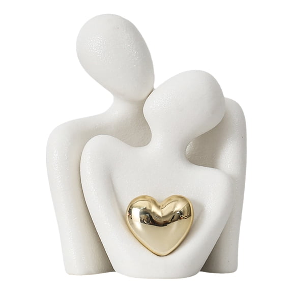 Ceramic Couple Hugging Statue Figurine, Golden Heart Abstract Art Decoration for Home Shelf Desk Mantel, White
