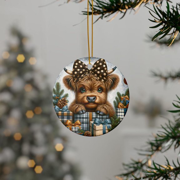 Ceramic Cow Christmas Ornament Home Decor Pet Lover Gift 2D FLAT CIRCLE Ceramic Ornament