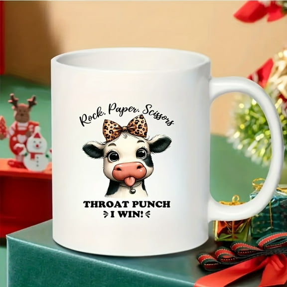 Ceramic Cow Coffee Cup-11 oz Stone Graphic Paper Scissors Throat Blow I Gain-Easy Grip Handle-Great Gift for Birthday Mother's Day and Father's Day
