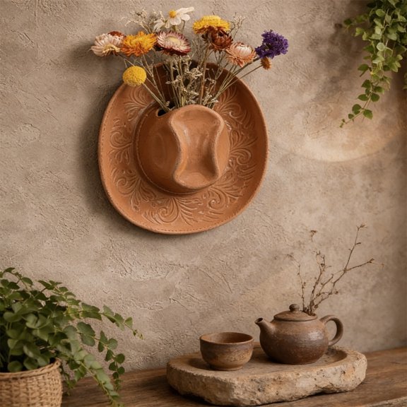 Ceramic Cowboy Hat Shaped Hanging Vase, Decorative Wall Mounted Planter for Fresh Flowers and Greenery, Rustic Western Style Hanging Vase for Home Wall and Balcony Decor, Brown
