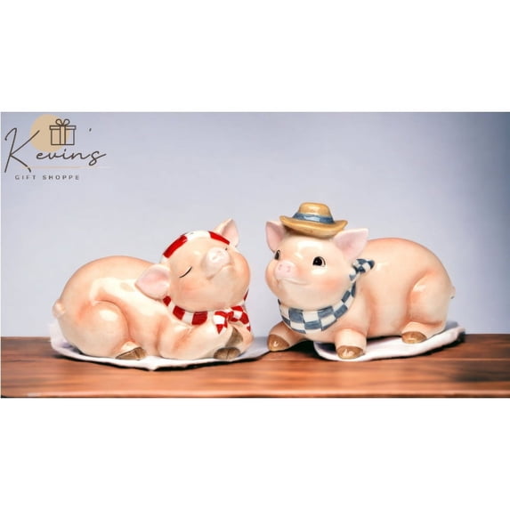 Ceramic Cowboy Pig Salt and Pepper Shakers Hand Painted Gift