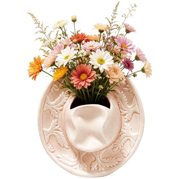 Ceramic Cowgirl Hat Vase, 7.1 x 6.3 in Pink Handmade Cowboy Hat Vase with Embossed Edge, Waterproof Hanging Wall Planter and Desktop Flower Pot for Western Room Decor, Bookshelf, Party Centerpiece