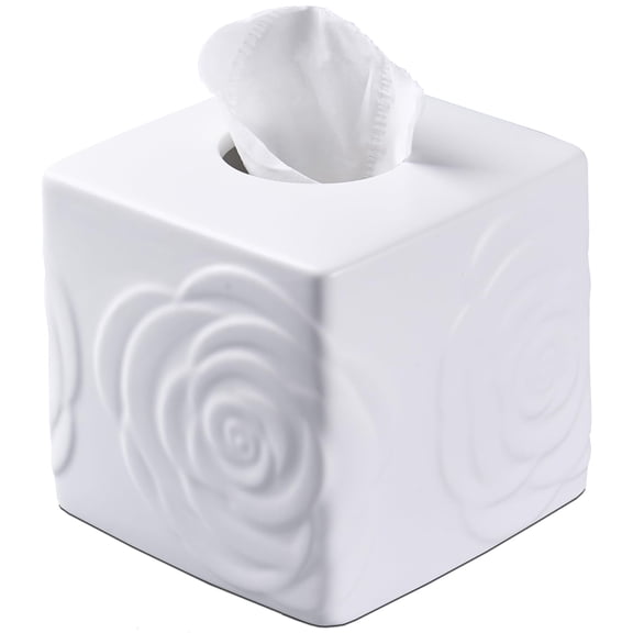 Ceramic Cube Tissue Box Cover with Rose , Elegant Rose Floral Square Decorative Tissue Box Holder for Bathroom, Bedroom, Office Desk, Kitchen Counter