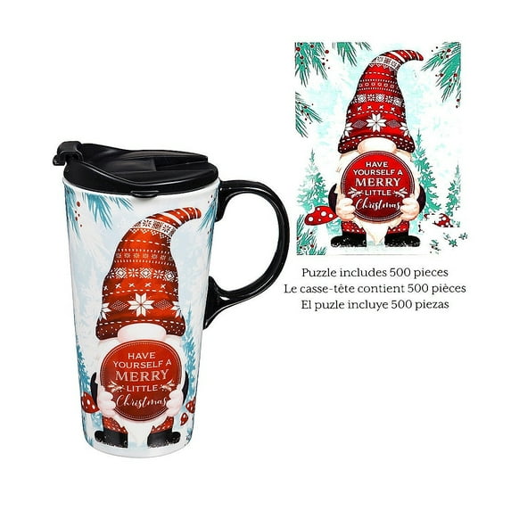Evergreen 17 OZ Ceramic Cup and Puzzle Gift Set, Christmas Gnome