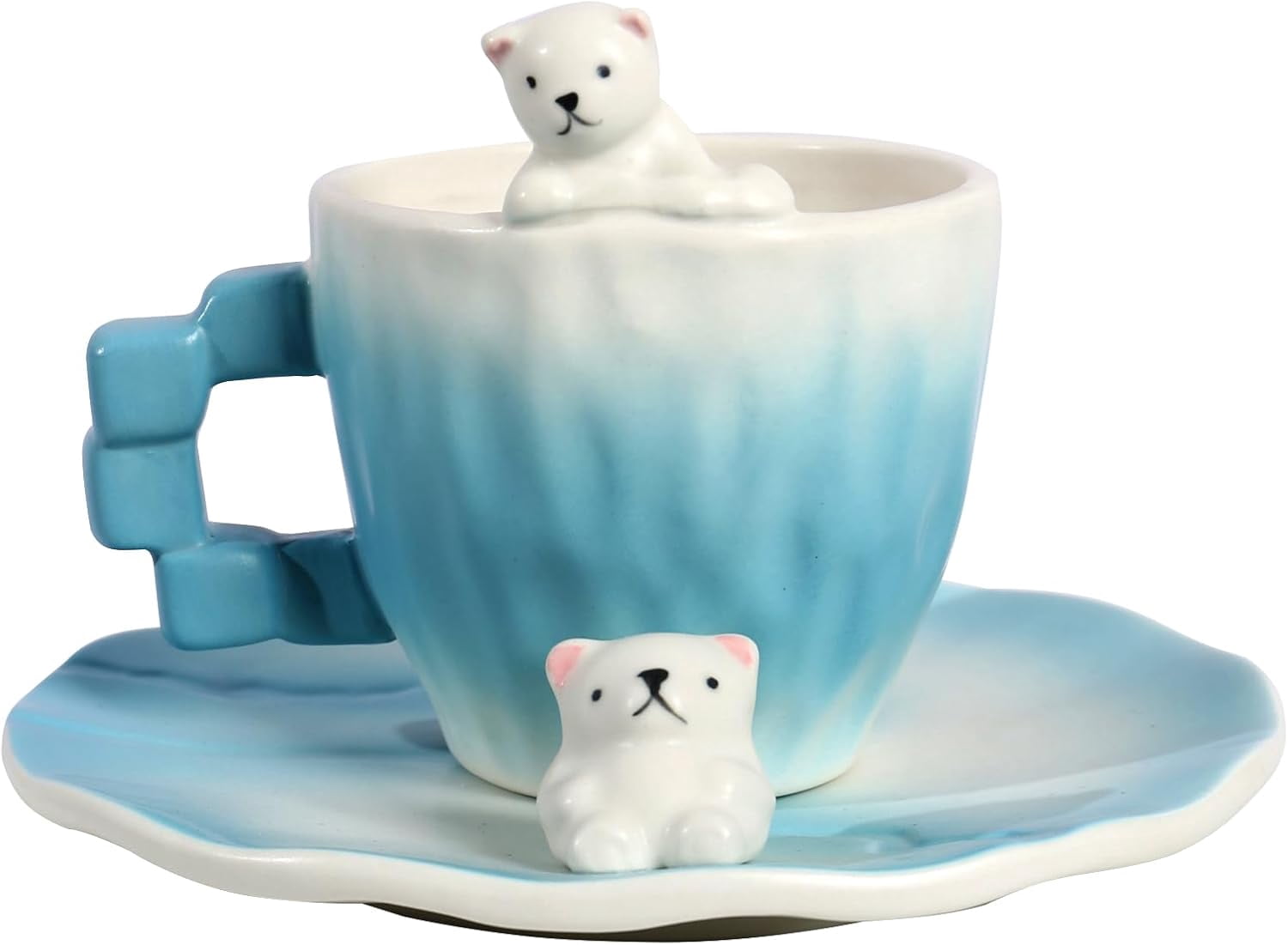 YGTUCE Ceramic 3D Polar Bear Coffee Mug With Saucer - Cute Hand-Painted Cappuccino Cup Set For Home & Office (Pink Paw Prints)