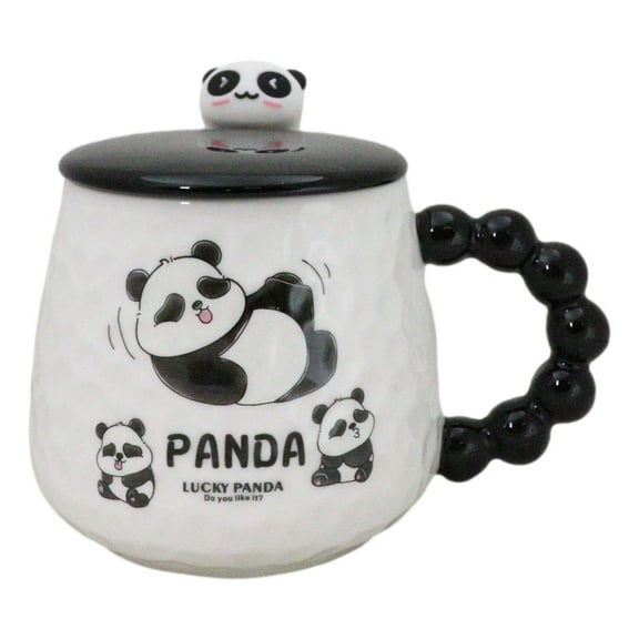 Ceramic Cute Lucky Panda Bear Cartoon With Lid And Panda Head Spoon Mug Cup