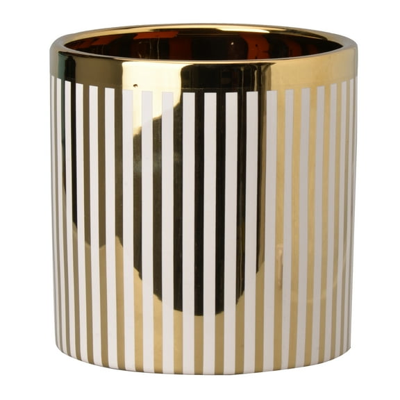 Benjara Ceramic Cylindrical Planter with Strips Pattern, White and Gold
